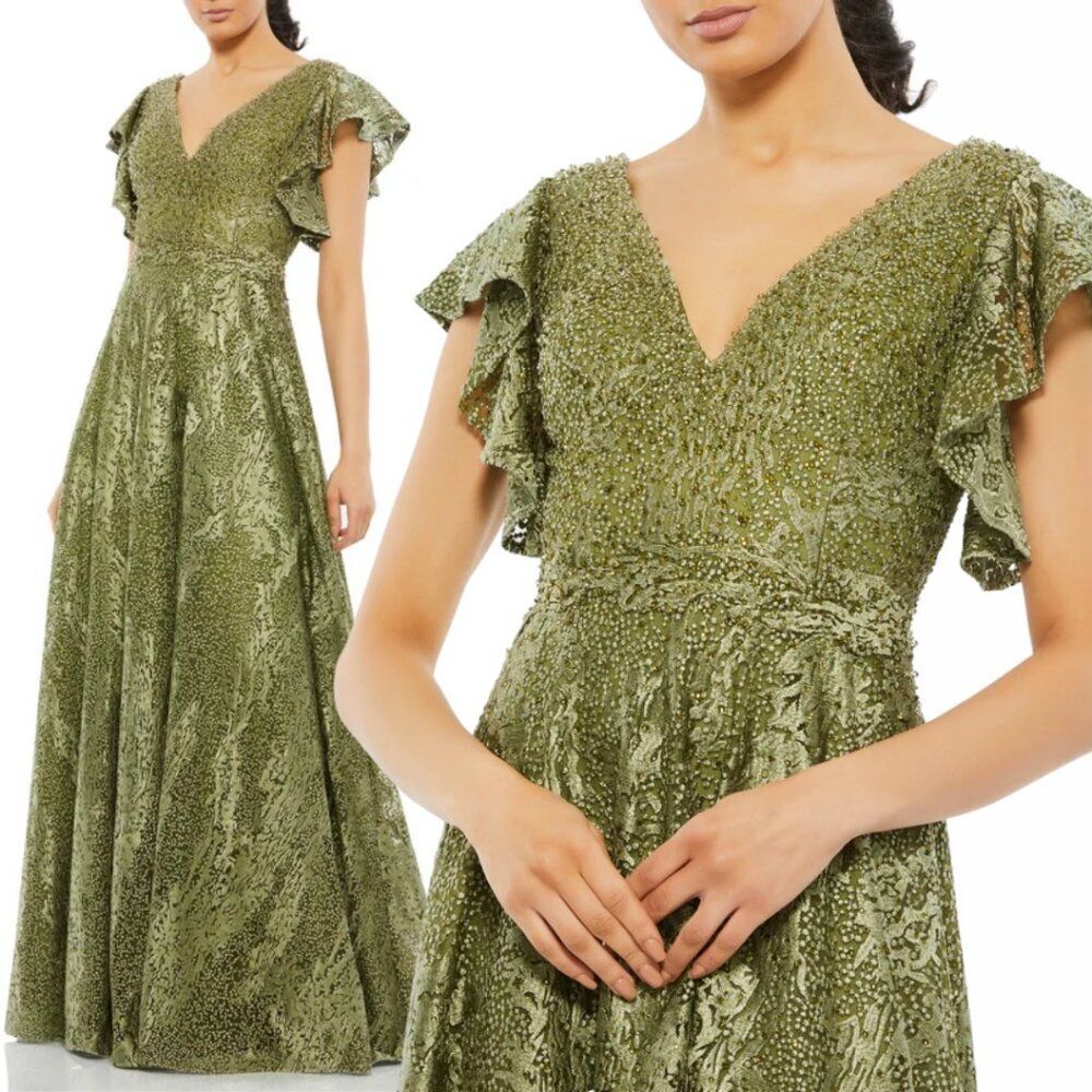 $798 Mac Duggal 20310 Womens Size 14 Olive Green Long Formal Gown Maxi Dress NWT